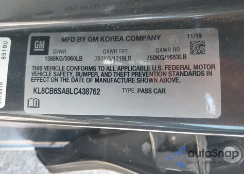 2020 Chevrolet Spark Fwd Ls Automatic z USA, uszkodzony, nr VIN KL8CB6SA8LC438762